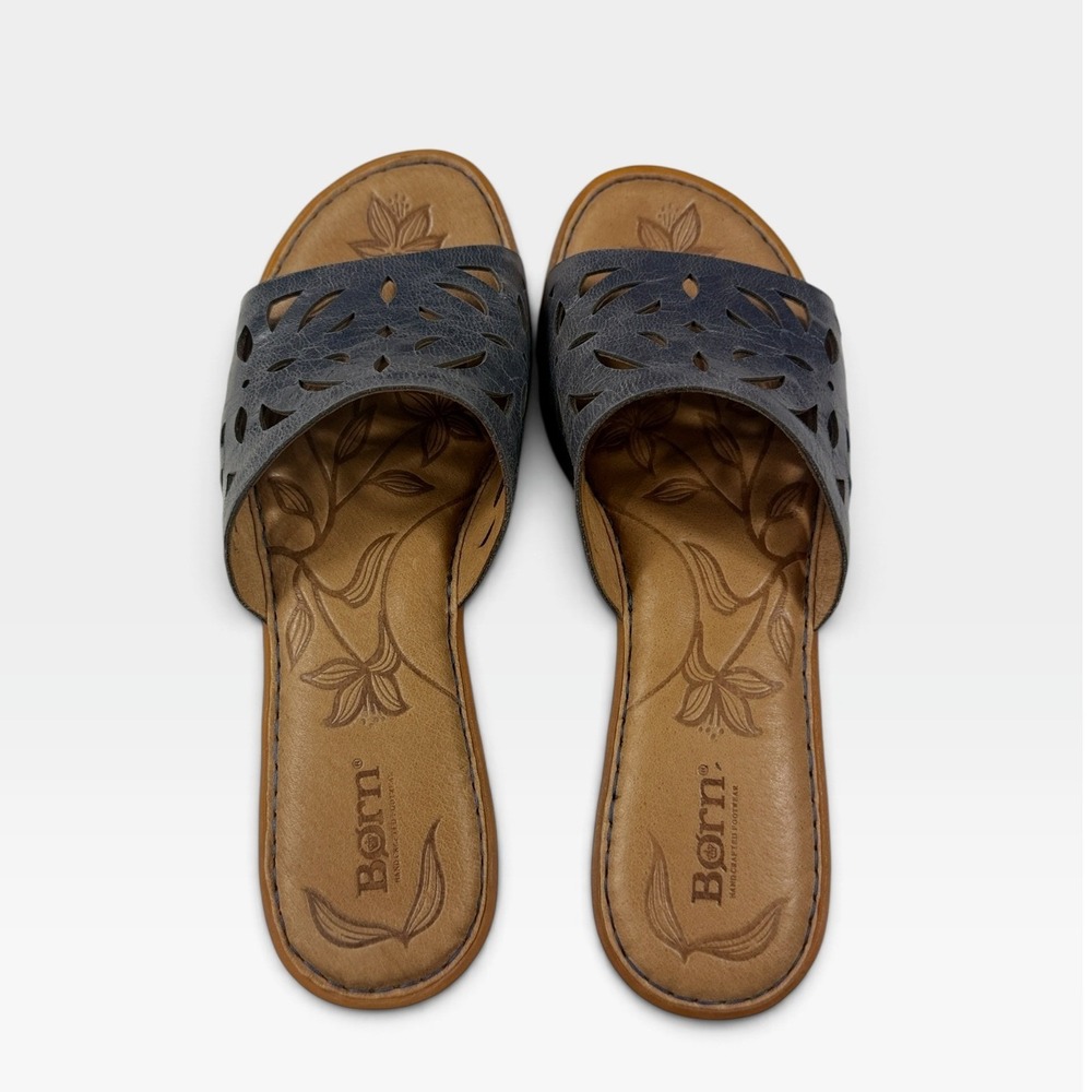 Born Sandals Yesica Womens 10 Blue Leather Laser Cut Floral Slide NEW